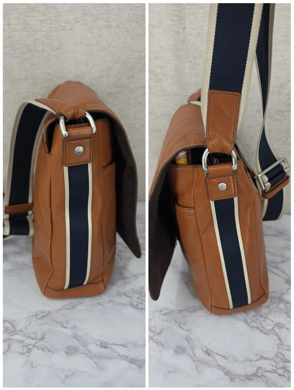 Coach Tan Leather Messenger Bag with Navy Web Strap
